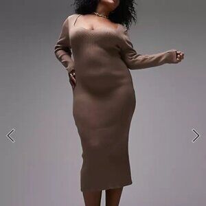 Topshop Curve knitted sweetheart midi dress in taupe